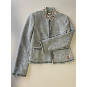 Cache Sky Blue Tweed Jacket Rhinestone Neckline Size 12